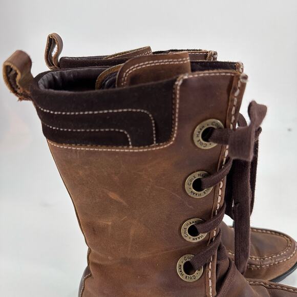 Cole Haan Mardi Brown Distress Leather Waterproof High Boots Lace Up 5.5 B - Picture 3 of 7